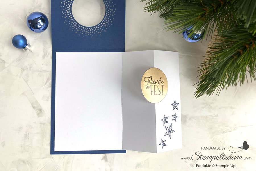 Weihnachtskarte in Gold und Blau mit den Stanzformen "Schönste Etiketten" von Stampin´Up!