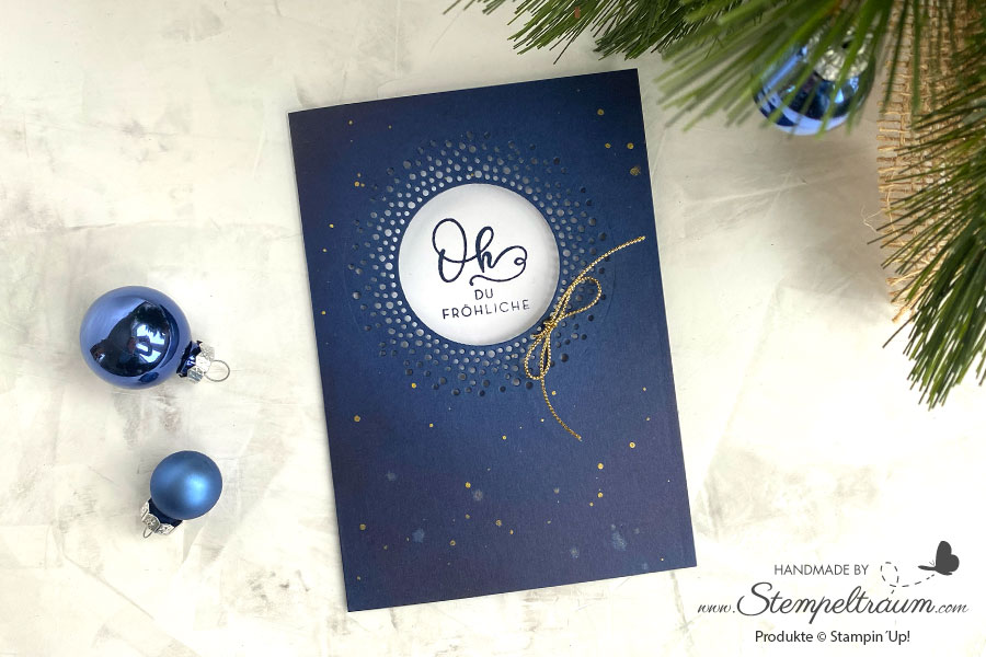 Weihnachtskarte in Gold und Blau mit den Stanzformen "Schönste Etiketten" von Stampin´Up!